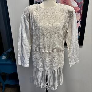 Vintage 70's Choon of California Boho Lace Fringe Tunic Top Long Sleeve Cottage